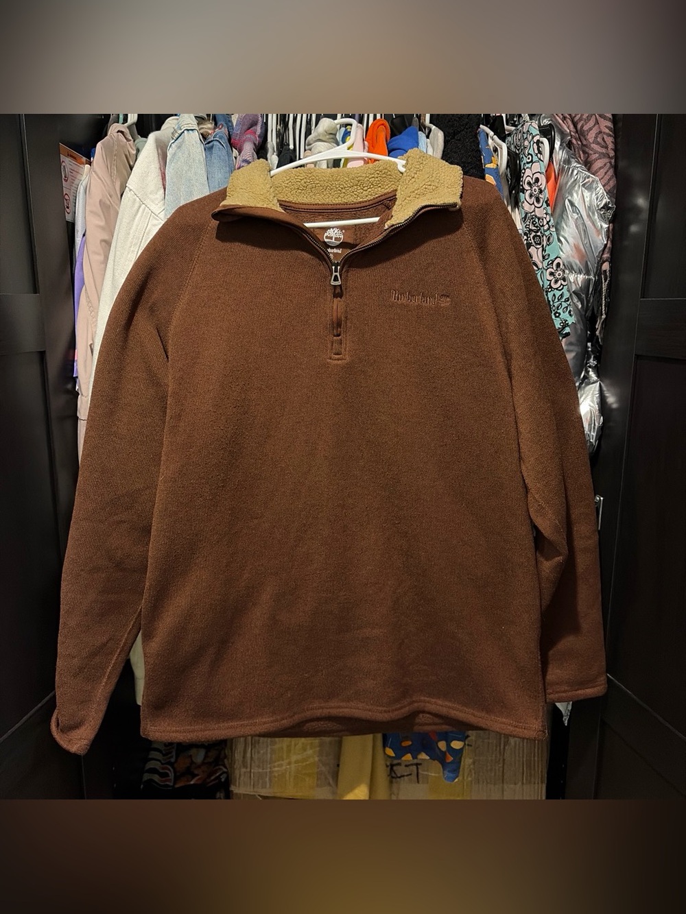 Timberland Men's Dark Brown Quarter-Zip Fleece with Tan Sherpa Collar